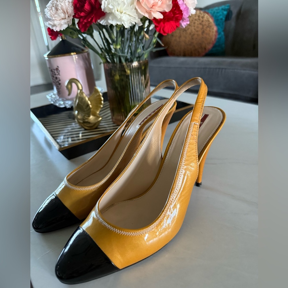 Prada Yellow and Black Patent Leather Slingback Heels